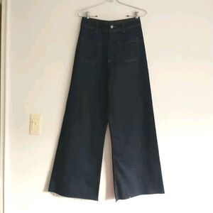 Zara Jeans Womens 6 Blue Dark Wash High Rise Wide Leg Raw Hem Denim Pants Patch